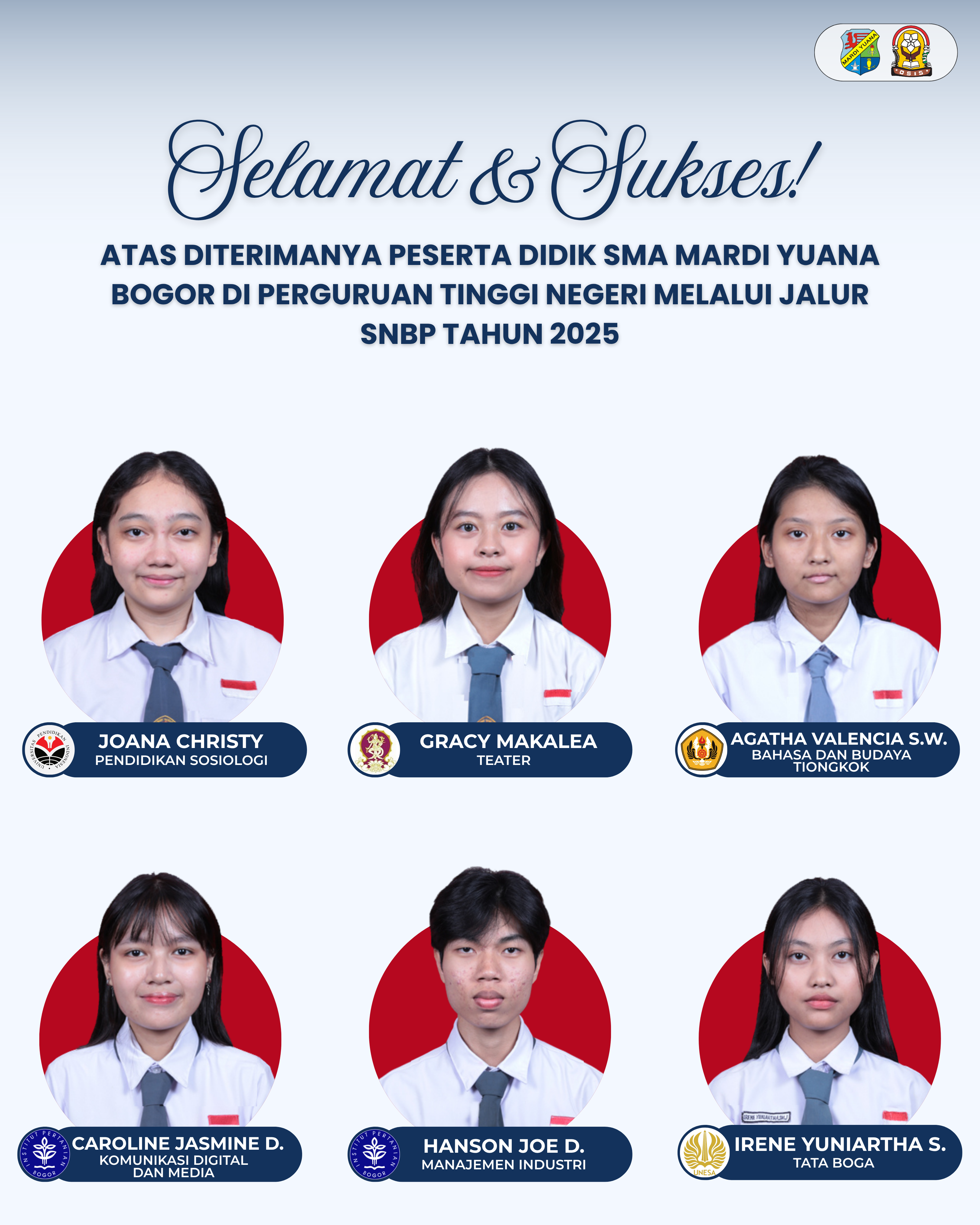 Peserta didik SMA Mardi Yuana Bogor di perguruan tinggi negeri melalui jalur SNBP tahun 2025